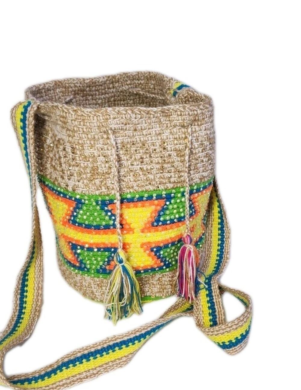 Wayuu Cross Body bag Festival Purse W Rinestones Handmade Hippy Boho Bucket Bag